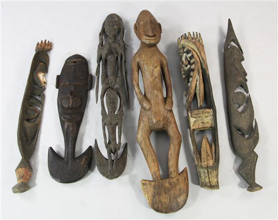 Six Sepik River tribal food hooks & hook masks